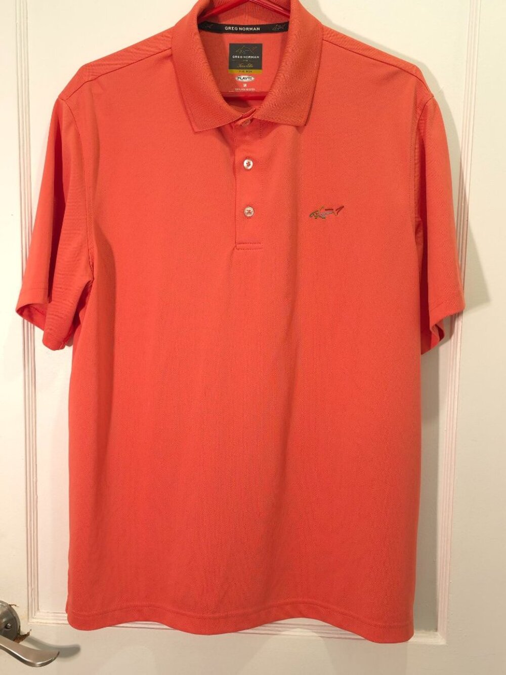 Greg Norman Coral Polo — Short-Sleeve, Shark Logo, Lightweight 100% Polyester, M